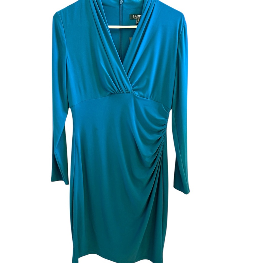 Blue Draped Long Sleeve Dress
